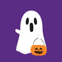 Cute ghost floating with Halloween. Funny spooky boo character. Spook phantom with happy smiling face expression. Isolated kids flat vector illustration.