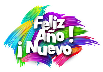 Vector illustration with Spanish Happy New Year text on a vivid, abstract paintbrush background. Festive and bright design.