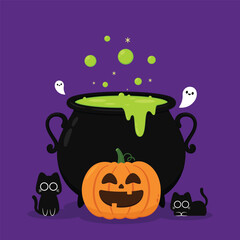 Witch cauldron, Halloween magic pot with green potion. Vector steel boiler with boiling magic brew or steaming goo. Cartoon kettle with poison.