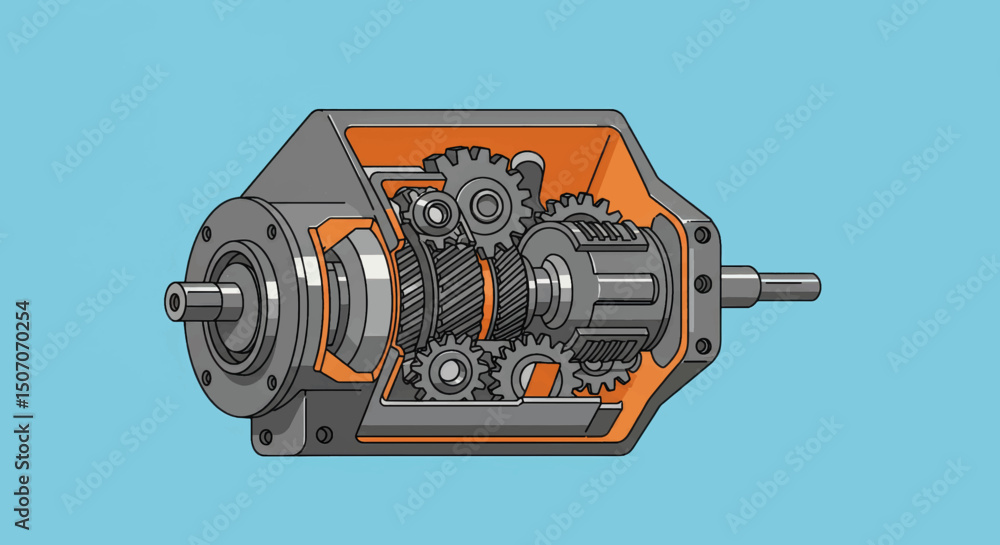 Poster detailed view of a mechanical gearbox showcasing gears and internal components for engineering analy