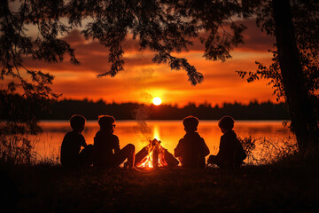Children enjoying a summer evening around a small campfire, roasting marshmallows with the sunset and trees in the background