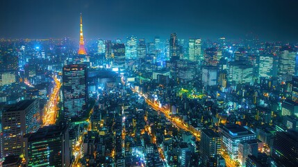 Fototapeta premium Aerial View of Tokyo at Night with City Lights and Tower