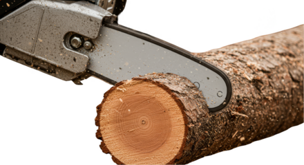 Isolated Transparent Chainsaw Cutting Through Wood Log on Black Background