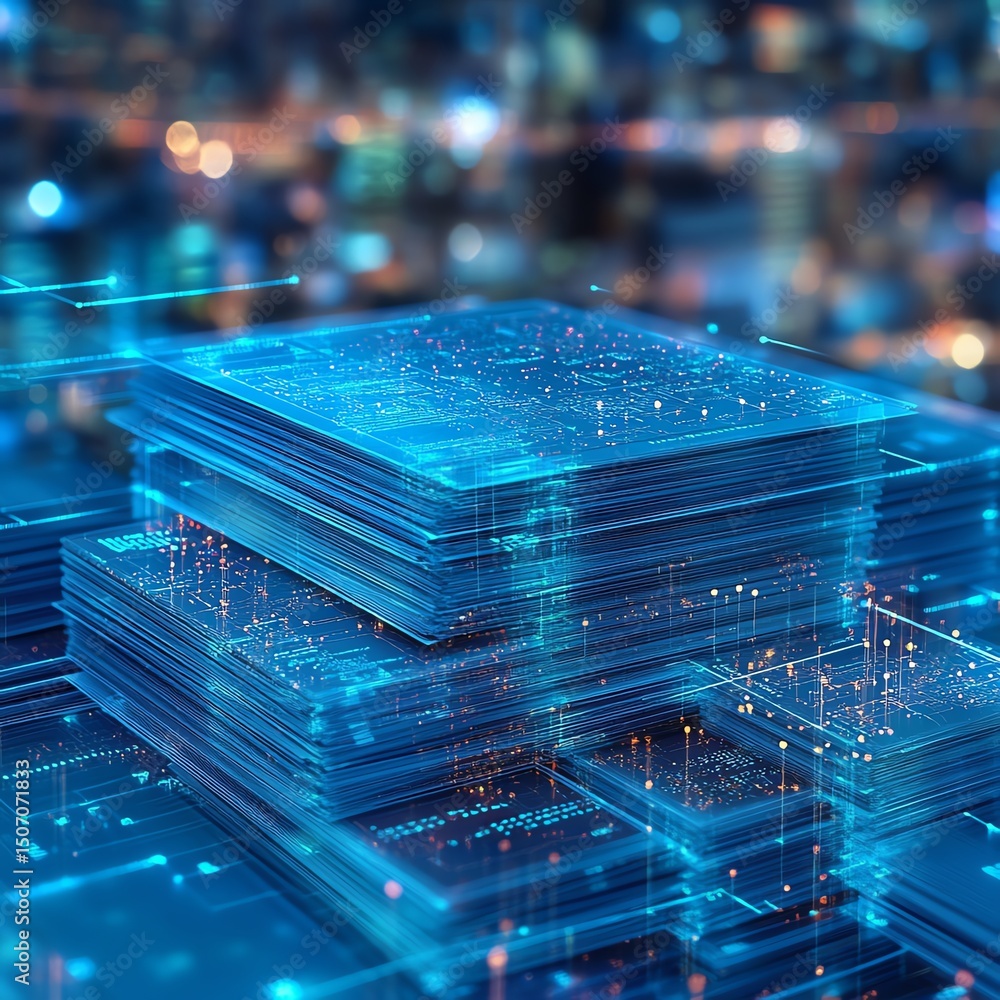 Poster stacks of digital policy documents layered over citys network map signifying cybersecurity policies 