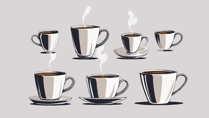 Obraz premium Clean vector coffee cups set with steam lines and minimal shading 3