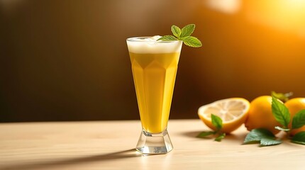 Fototapeta premium Refreshing Lemonade in a Faceted Glass with Mint Garnish on Wood Table
