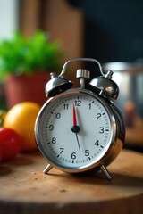 A close-up shot of a timer displaying cooking time, with kitchen utensils and a simmering pot subtly in the background, suggesting a home-cooked meal preparation , kitchen timer, kitchen