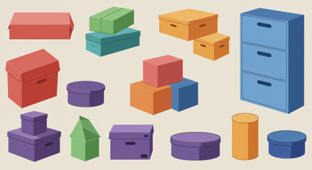 Fototapeta premium Colorful and organized collection of various geometric storage boxes and containers suitable for different purposes