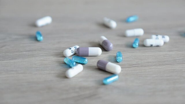 close-up light on a wooden table with various capsules falling on it