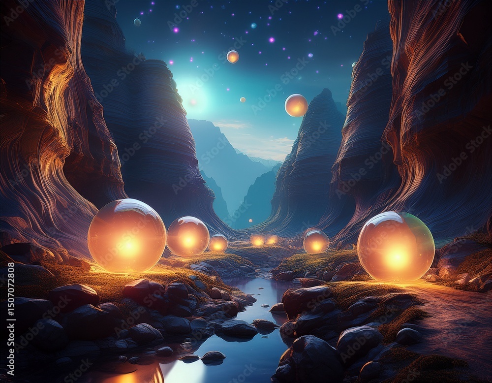 Poster mystical canyon landscape with glowing orbs embedded in cliffs creates an ethereal scene
