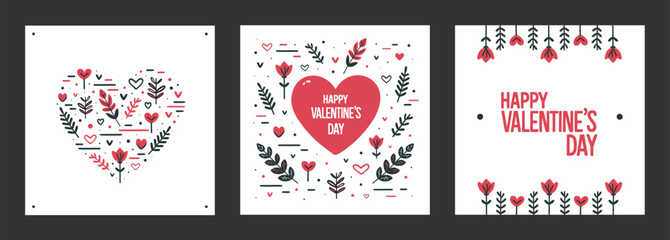 Set of stylish minimalistic Valentine's Day cards on white background. Memphis design with holiday greetings, for printing, invitations and declarations of love with the text "Happy Valentine's Day!"