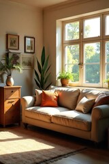 Fototapeta premium A cozy living room, sunlight streaming through a large window, highlighting a comfortable sofa and warm, inviting decor Perfect for homey, comfortable, and relaxing vibes , sunlight, aesthetic