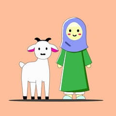 Cute Eid al-Adha cartoon illustration with muslim girl and goat