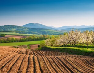 spring farm landscape picturesque spring farmland with blooming orchard trees plowed fields and distant mountains bathed in serene daylight