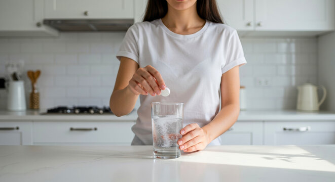 Woman adding effervescent tablet to glass of water in a bright kitchen during daytime