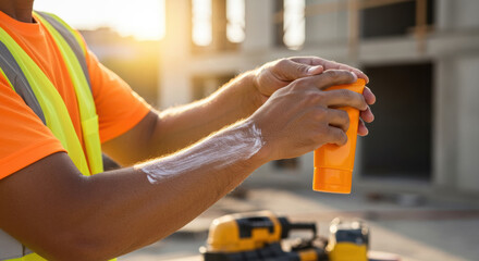 Construction worker applying sunscreen during outdoor project at sunset in urban area