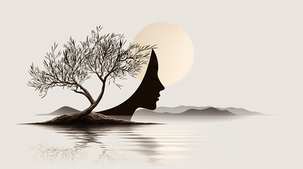 Silhouetted woman with tree, tranquil landscape