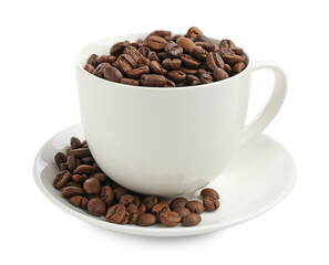 Ceramic cup with roasted coffee beans isolated on white