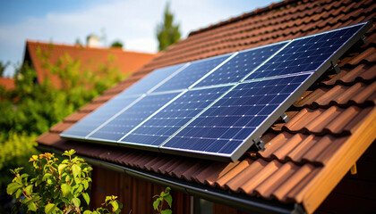 Solar panel on small business roof promotes sustainability with clean energy and eco friendly technology under bright blue sky