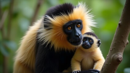 Fototapeta premium Close mage of Yellow Cheeked Gibbon monkey Nomascus, Monkey hold his baby monkey, cute monkey