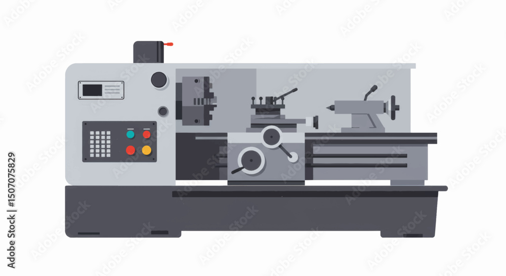 Poster modern lathe machine used in precision metalworking at a manufacturing workshop during daytime hours