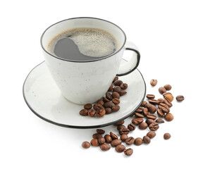 Aromatic coffee in cup and beans isolated on white