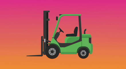 Naklejka premium Bright green forklift standing against a vibrant pink gradient background combined with orange hues