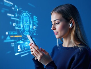 Woman holding smartphone, futuristic biometric interface and data graphics, modern digital design on blue background, concept of face recognition tech, Ai generative