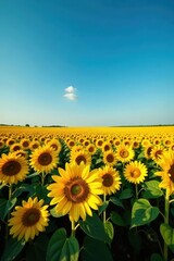Obraz premium Vast sunflower field, endless rows stretching to a deep blue sky , flora, overview, sunny