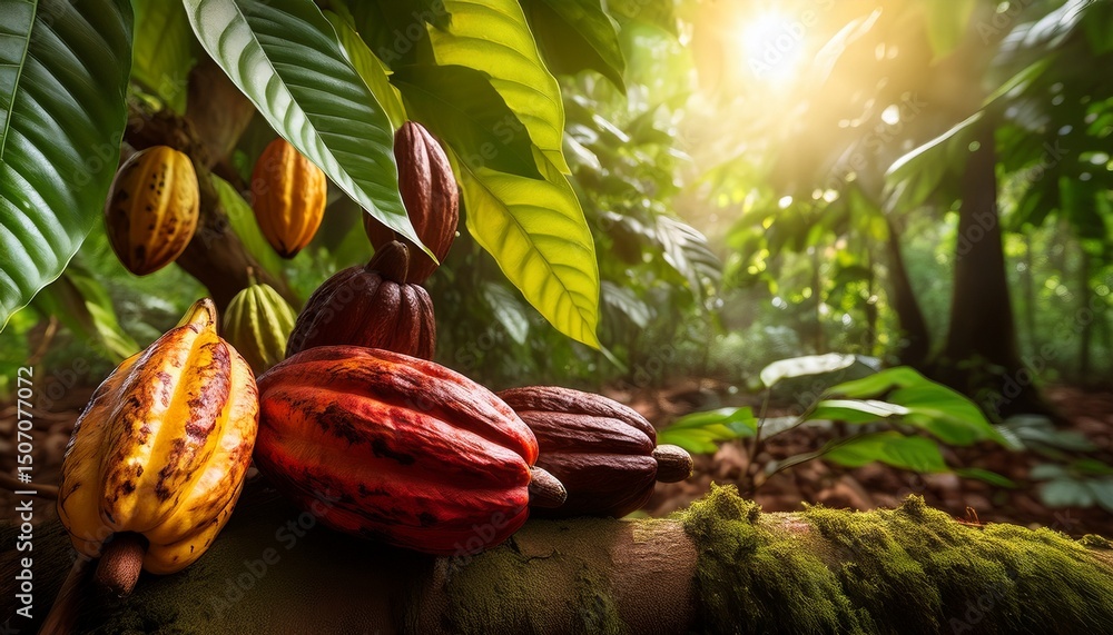 Poster freshly spilled cocoa beans from a pod on a rustic surface with natural lighting