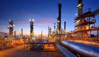 twilit view of a petrochemical industrial plant with lit distillation towers and complex piping