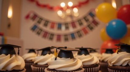 Delicious cupcakes topped with graduation caps, perfect for celebrating academic achievements at festive event