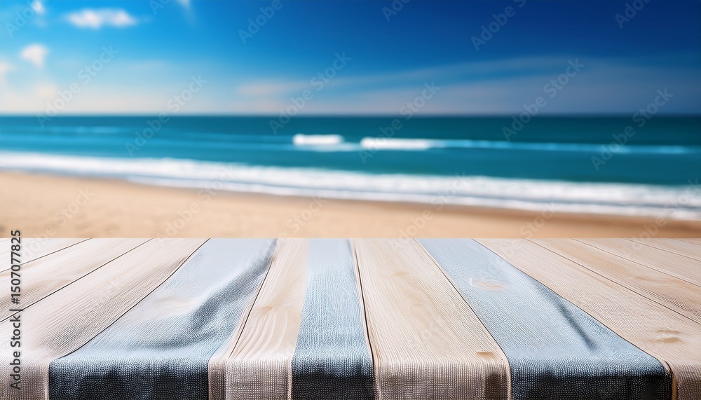 Poster empty wooden table with white tablecloth for product display on sea beach blurred background ai gene