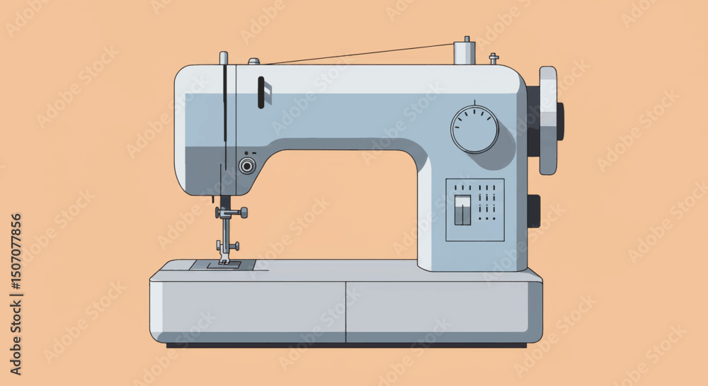 Poster sewing machine in a minimalist design displayed against an orange background illuminating its elegan