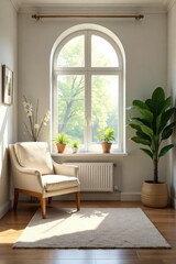 Fototapeta premium A serene and inviting therapy office, featuring calming decor and natural light, suggesting a peaceful and supportive environment for healing and well-being , cozy, stylish