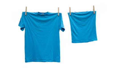 Isolated Two Blue T Shirts Hanging From Clothesline on Transparent