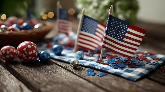 Patriotic flags and confetti on wooden table
