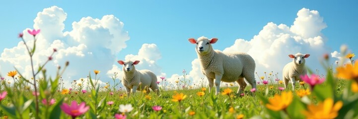 Obraz premium Fluffy ewes and vibrant wildflowers under a bright spring sky , countryside, sunlight, spring scene