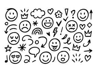 Smile hand drawn vector element set. Emoji fun face, heart, crown symbol crayon texture marker background kid sketch style hand drawn element. Color smiley face, arrow. Vector illustration