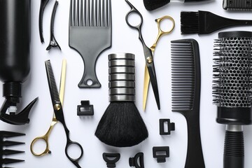 Plakat Different hairdresser's tools on white background, flat lay