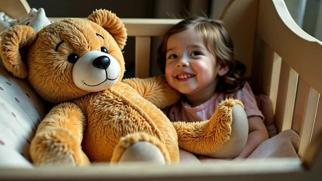 Teddy bear lying in crib, stuffed toy in children bedroom. AI Generative