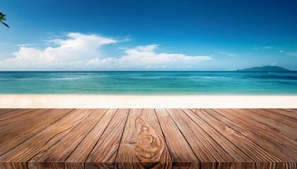 Fototapeta premium wooden deck table top on blur tropical beach background tropical background for display or montage your products tropical beach with wooden floor
