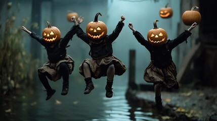 Three children dressed as jack-o'-lanterns, leaping over a water channel.  Mystical fog and autumnal setting