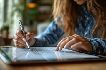 Digital mortgage signing with stylus and tablet while holding printed version of agreement