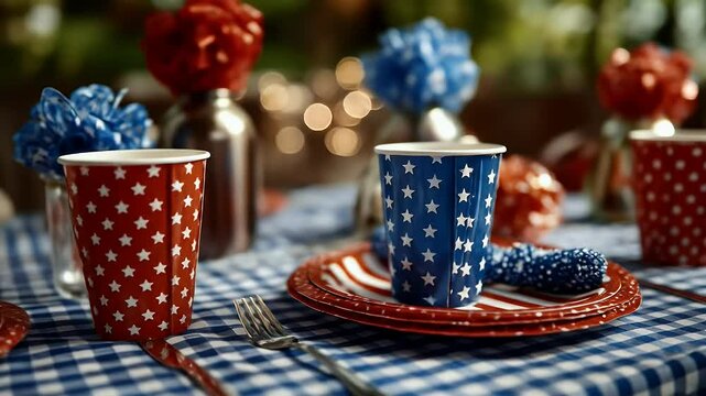 Patriotic party table setting red blue and gingham decor