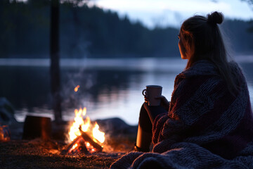 Relaxing camp moment with woman wrapped in blanket sitting at fire during dusk in nature
