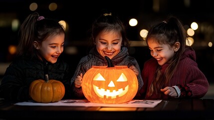 Three children gather around a lit jack-o'-lantern at night