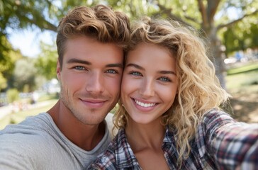 Fototapeta premium A young couple taking a selfie outdoors, smiling and having fun together in the park on a sunny day