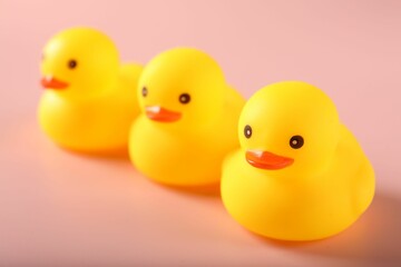 Three cute rubber ducks on pink background, closeup