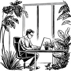 Illustration of man working on laptop in office with plants and window view silhouette